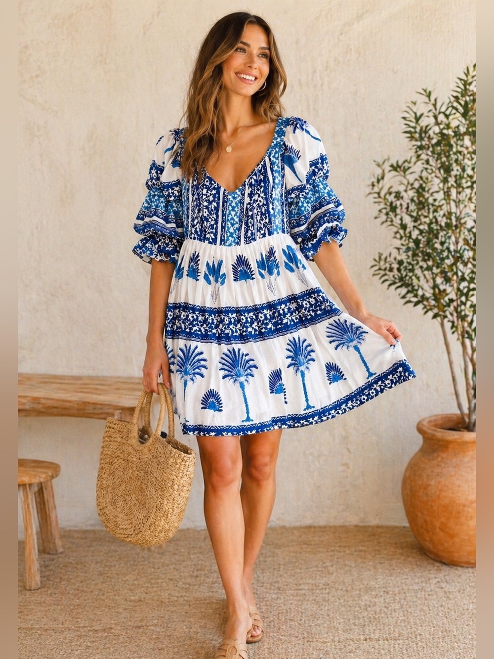 Ash & Eden Blue White Palm Print Puff Sleeve Mini Dress Size L -NWOT